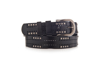 Leather belt, belt for woman, designed belt, belt placed on a white surface, belt made of colored fabric