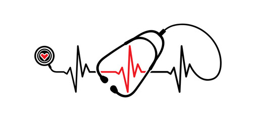 Abstract stethoscope with red heart, electrocardiogram design isolated on white background. Healthcare symbol to use in health industry, cardiology, medical care, hospital, health science projects.