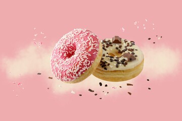 Fototapeta na wymiar White chocolate and pink glazed donuts with dark and light crumb closeup flying. Sweet colorful doughnuts with sprinkles falling isolated on pink yellow background. Pastry shop card