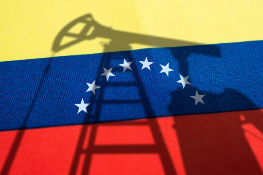 oil industry of venezuela . Oil rigs on the background of the venezuelan flag. Mining and oil export. trading on global fuel market. Fuel industry concept.