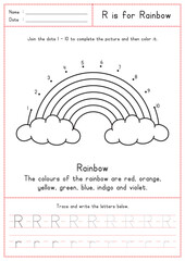Children Learning Printable - Connecting Dot to Dot, Coloring, Reading and Tracing Alphabet R