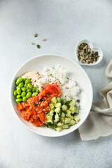 Homemade poke bowl with smoked salmon