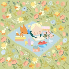 Cute Cartoon Girl reading Book with Funny Animals on Flowers Meadow