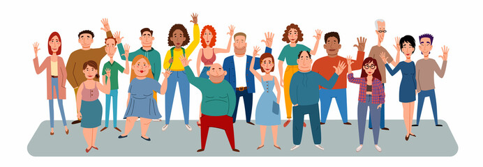 Fashionable men and women in casual clothes say hello. A set of flat vector illustrations with a gesture of greeting people.