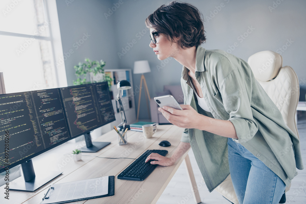 Poster profile side view portrait of attractive skilled focused experienced girl tech manager coding task s