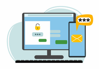 Two-factor authentication security. Login confirmation notification with a message in the envelope with the password code. The lock icons on the PC account.