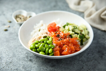 Homemade poke bowl with smoked salmon
