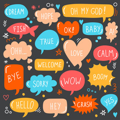 Quote bubbles speech boxes colorful vector icons set with sample hand drawn text. Ready to use, isolated. Vector illustration