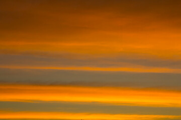 Obraz premium The sky is a horizontal line of yellow-orange and colorful colors in the beautiful evening in the midst of nature which is peaceful, warm and romantic in the countryside and is extremely beautiful.