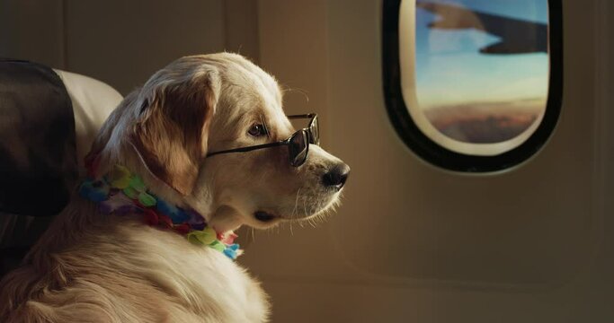 Cinematic shot of golden retriever dog with sunglasses and hawaiian flowers necklace seats in aircraft cabin while traveling with comfort on board of airplane on international flight to vacation trip.