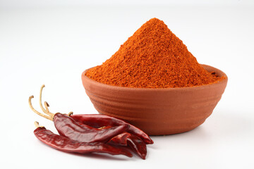 Indian spices, red chilli powder in a terracotta bowl