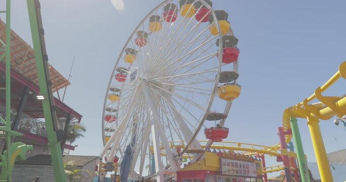 Santa Monica Pier ferris wheel shuttles a full group on a sunny day