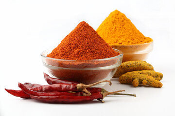 spices,Indian spices, color full spices in glass bowls Chilli and Turmeric powders