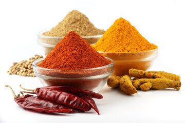 spices,Indian spices, color full spices in glass bowls Chilee,Turmeric, Coriander powders © SMD IMAGES