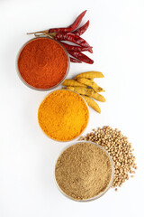 spices,Indian spices, color full spices in glass bowls Chilee,Turmeric, Coriander powders