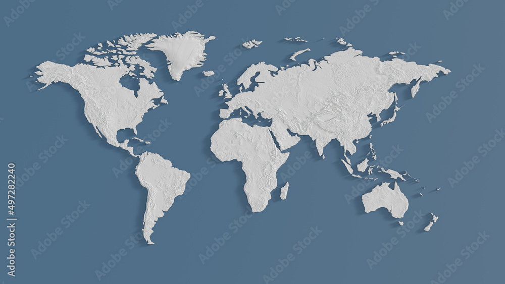 Poster simple white world map with height infomation, 3d rendering