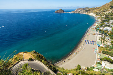 Beautiful aerial view of Maronti beach, Sant Angelo, a popular summer destination in Ischia, Italy