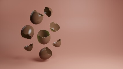 Chocolate eggshells broken into pieces and flying in the air in zero gravity, on a pink background