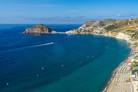 Beautiful aerial view of Maronti beach, Sant Angelo, a popular summer destination in Ischia, Italy