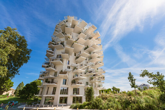 Montpellier, France. August 5, 2021. L'Arbre Blanc designed by Japanese architect Sou Fujimoto, Nicolas Laisné and Manal Rachdi is a building on Lez riverbank in Montpellier
