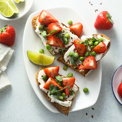 Homemade strawberry bruschetta with green pea