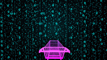 Neon pink purple shopping cart isolated on binary numbers background. 3d rendered horizontal banner.  Metaverse, online or web 3 shopping illustration tamplate. Background wallpaper with