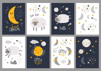 cards set with sheeps. Fabric print. Vector illustration.