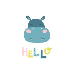 Card with hippo. Kids print. Vector hand drawn illustration.