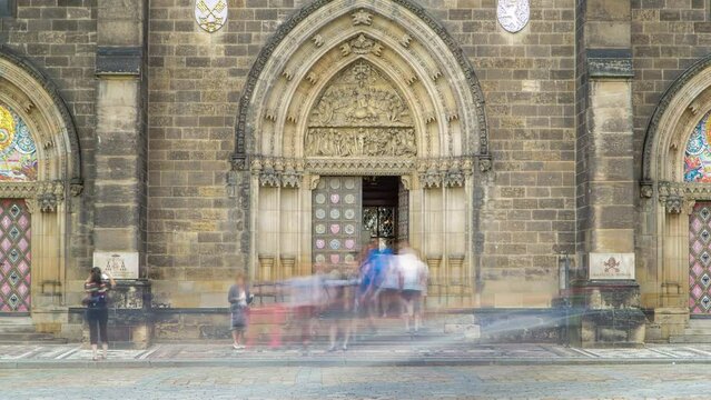 Entrance door of the neo-Gothic Saint Peter and Paul Cathedral timelapse in Vysehrad fortress, Prague.