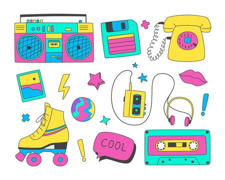 Set of doodles elements of the 90s.