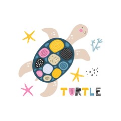 Poster with cute turtle. Kids print. Vector hand drawn illustration.