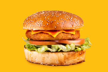real breaded chicken burger with cheddar and buffalo sauce isolated on yellow background