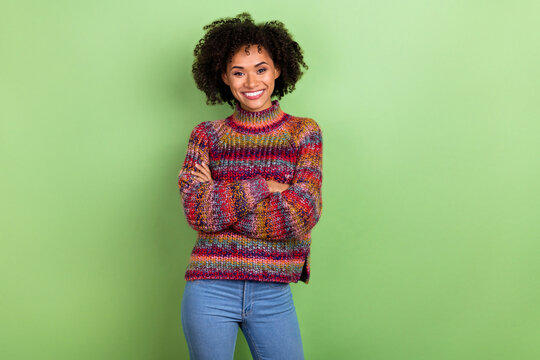 Photo of funny millennial valume hairdo lady crossed arms wear colorful turtleneck isolated on green color background