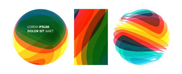 Set of spheres. Abstract wavy background with dynamic effect. Modern screen design for mobile app and web. Vector illustration made of various overlapping elements.