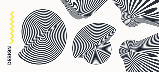 Black and white design elements. Abstract melted liquid shape. Psychedelic stripes. 3D vector illustration for cover, poster, booklet, brochure, flyer, album or banner.
