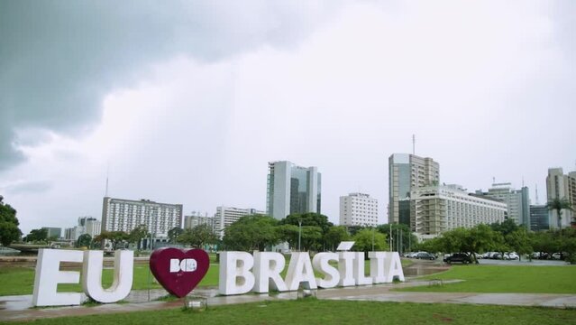 I love Brasilia sign in a cloudy raining day Open Side View - Tilt Shot