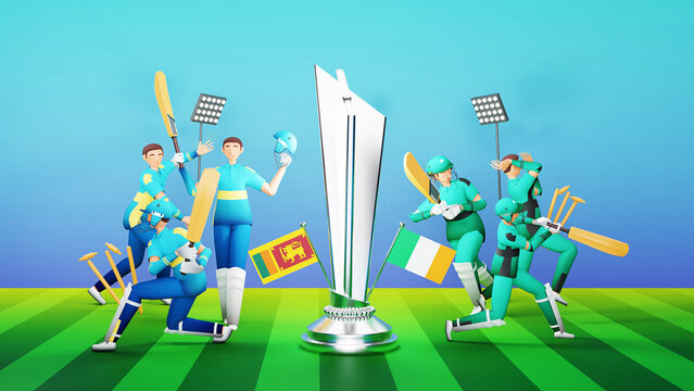Cricket Match Between Sri Lanka VS Ireland Players With 3D Silver Trophy Cup On Glossy Blue And Green Stripe Background.