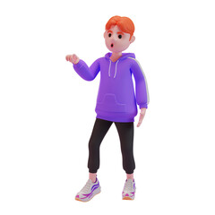 young boy points his finger and surprised. 3d character. 3d illustration
