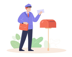 Postman cartoon character with letter next to mailbox. Postal worker in uniform flat vector illustration. Delivery, mail, correspondence concept for banner, website design or landing web page
