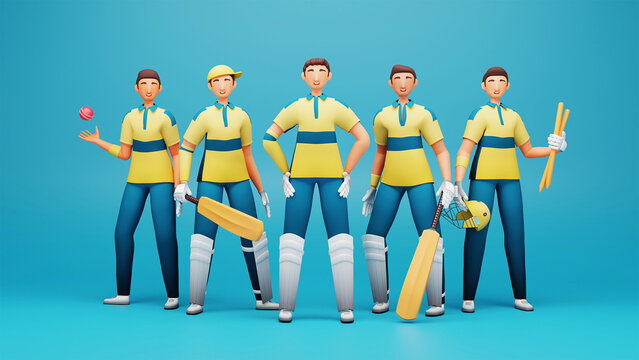 3D Render Of South Africa Cricket Players Standing Together And Tournament Equipment On Blue Background.