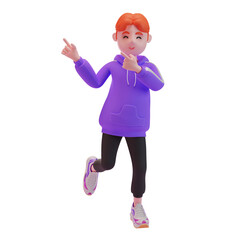 young boy pointing fingers in direction. 3d character. 3d illustration.