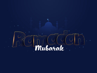 Ramadan Mubarak Font With Silhouette Mosque On Blue Lights Effect Background.