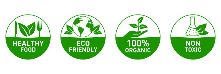 healthy food, eco friendly, 100% organic, nontoxic icon set vector illustration 