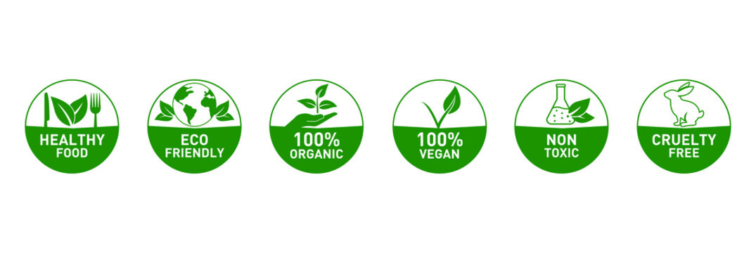 healthy food, eco friendly, organic food, vegan, nontoxic, cruelty-free icon set vector illustration 