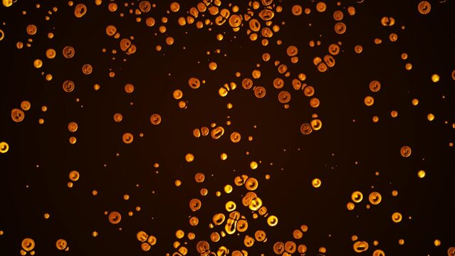 Animated dot background. Moving towards drops, splashes of oil. Liquid metal. Transformer. Plexus golden circles, spheres. Collision particles. Force attraction. Business, technology science. 4k