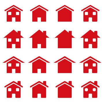 Red homes icons. Vector pictograms. Real estate or navigation bar home.