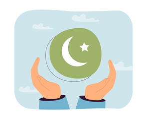 Hand holding sign of Islam religion flat vector illustration. Believer with concern for his religion. Spirituality, faith concept for banner, website design or landing web page