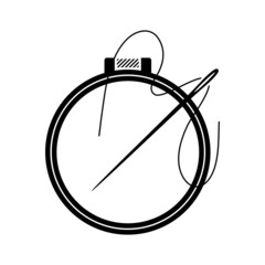 Embroidery icon. Black silhouette of hoops and needles with thread. A symbol of needlework. Vector illustration isolated on a white background for design and web.