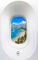 view of Waikiki beach Honolulu Hawaii USA and buildings from an Airplane window