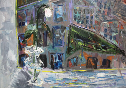 Raindrops on windowsill. Rain in city fine art. Wilted white rose. Sleeping area illustration. Palette knife and brush strokes texture. Contemporary oil painting.